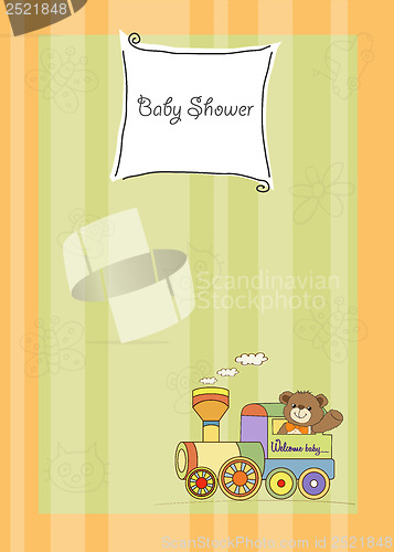 Image of baby shower card with teddy bear and train toy