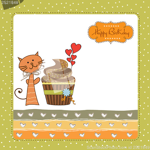 Image of birthday greeting card with cupcake and cat