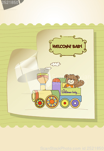 Image of baby shower card with teddy bear and train toy