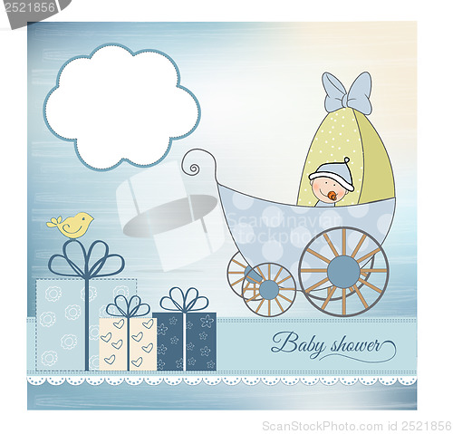 Image of baby boy announcement card with baby and pram