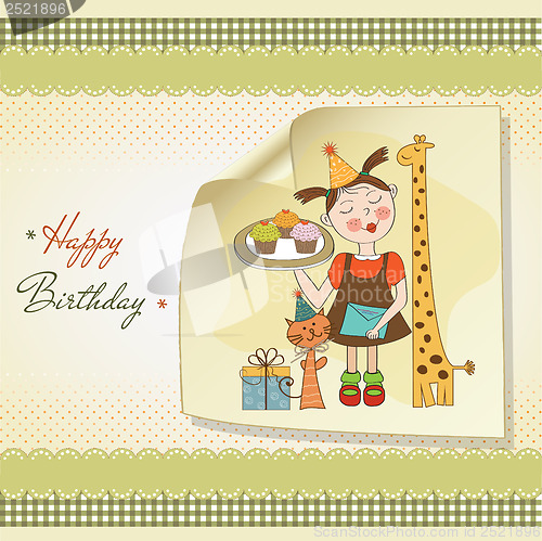 Image of Happy Birthday card with funny girl, animals and cupcakes