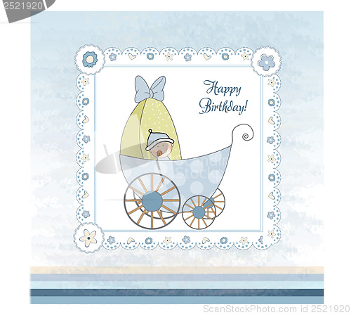 Image of baby boy announcement card with baby and pram