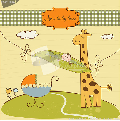 Image of welcome card with cute pea bean and little giraffe