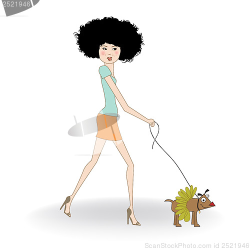 Image of pretty young lady with her dog dressed