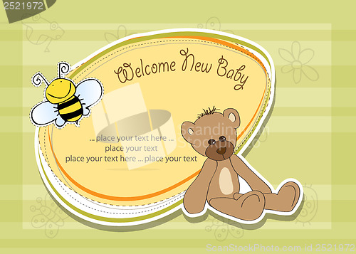 Image of baby shower card with teddy bear toy