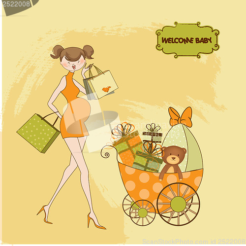 Image of baby announcement card with beautiful pregnant woman on shopping