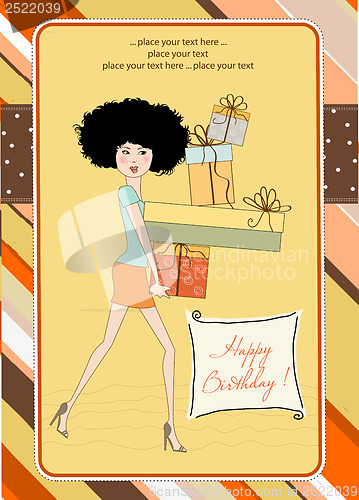 Image of birthday card - pretty young lady with arms full of gifts