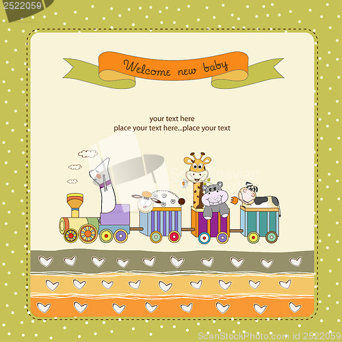 Image of new baby announcement card with animal's train
