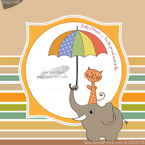 Image of baby shower card with funny elephant and little cat under umbrel