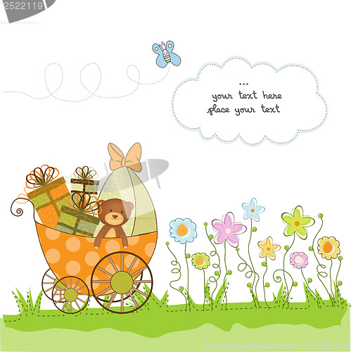 Image of new baby announcement card with pram