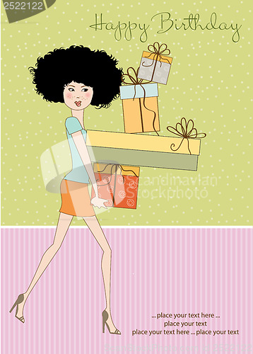 Image of birthday card - pretty young lady with arms full of gifts