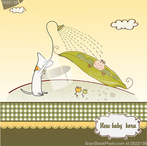 Image of little boy sleeping in a pea been, baby announcement card