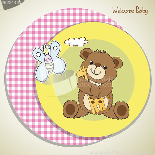 Image of baby shower card with teddy bear and his toy