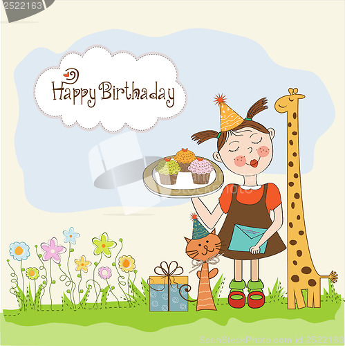 Image of Happy Birthday card with funny girl, animals and cupcakes