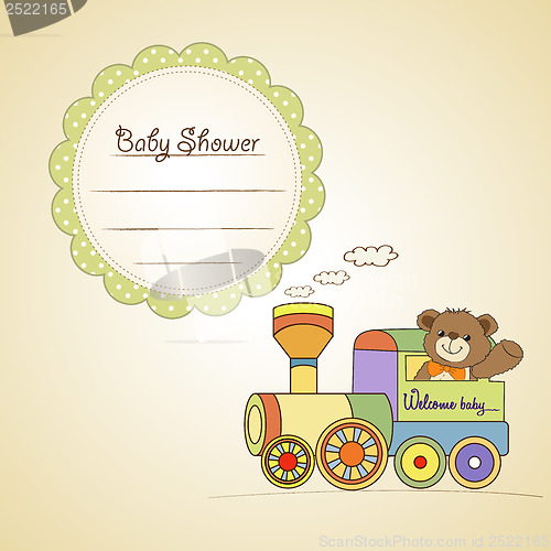 Image of baby shower card with teddy bear and train toy