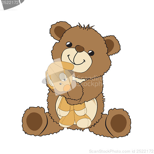 Image of teddy bear playing with his toy, a little dog