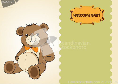 Image of baby shower card with cute teddy bear toy