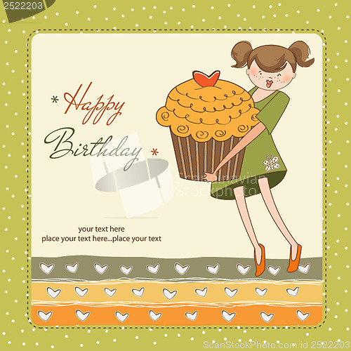 Image of Happy Birthday card with girl and cup cake