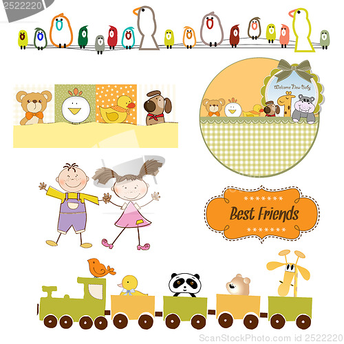 Image of babies and toys items set in vector format