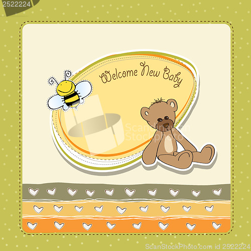 Image of baby shower card with teddy bear toy