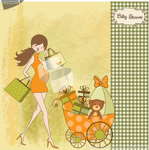 Image of baby announcement card with beautiful pregnant woman on shopping