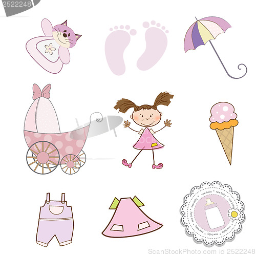 Image of baby girl items set in vector format isolated on white backgroun