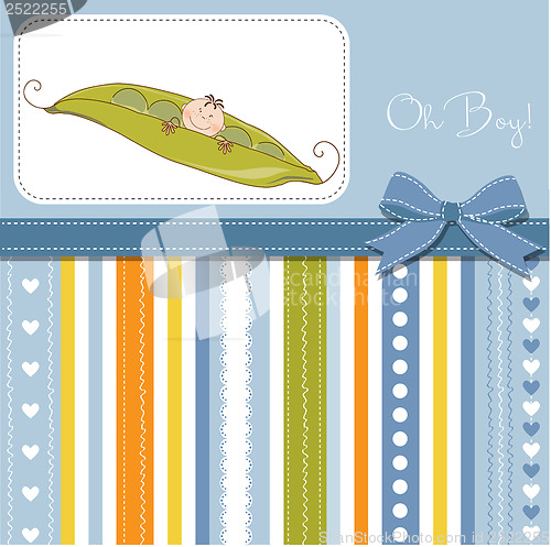 Image of little boy sleeping in a pea been, baby announcement card