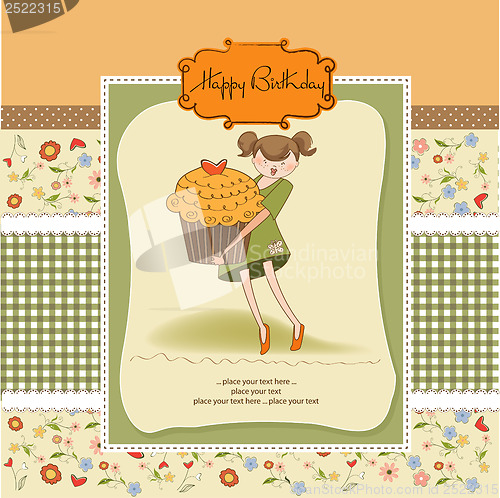 Image of Happy Birthday card with girl and cup cake