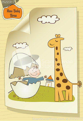 Image of welcome baby card with broken egg and giraffe