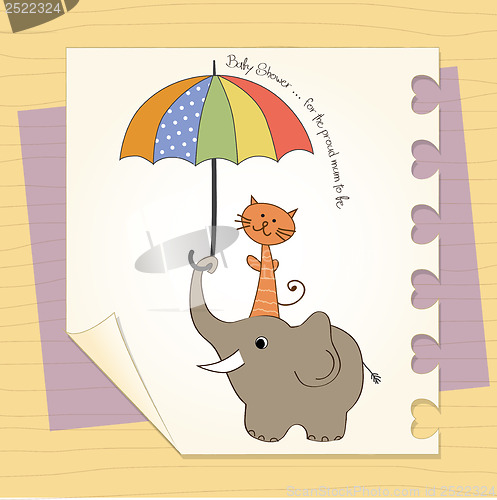 Image of baby shower card with funny elephant and little cat under umbrel