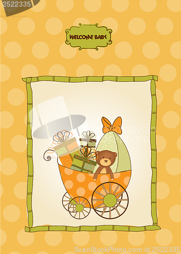 Image of new baby announcement card with pram