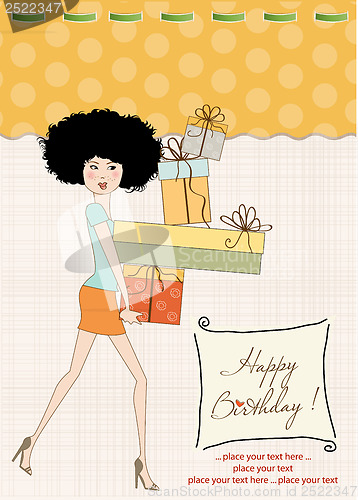 Image of birthday card - pretty young lady with arms full of gifts