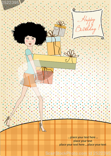 Image of birthday card - pretty young lady with arms full of gifts