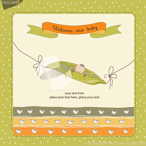 Image of little boy sleeping in a pea been, baby announcement card