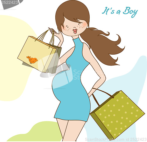 Image of baby announcement card with beautiful pregnant woman on shopping