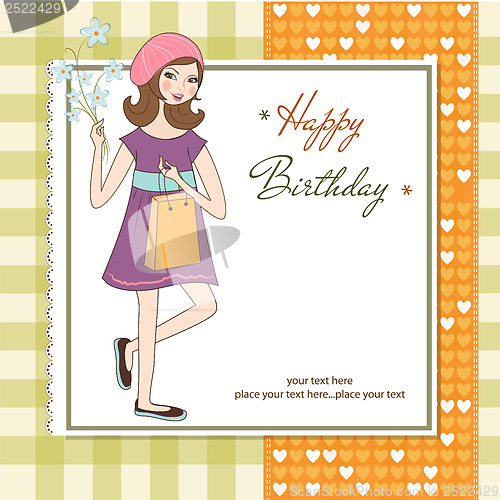 Image of pretty girl with gift and flowers. birthday card