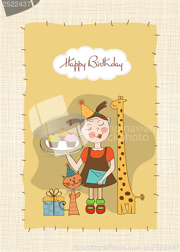 Image of Happy Birthday card with funny girl, animals and cupcakes