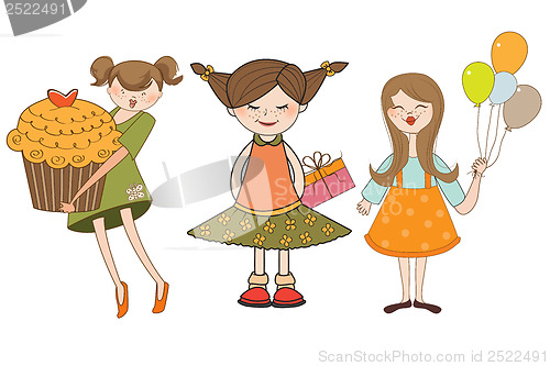 Image of set of three young girls with gifts isolated on white background