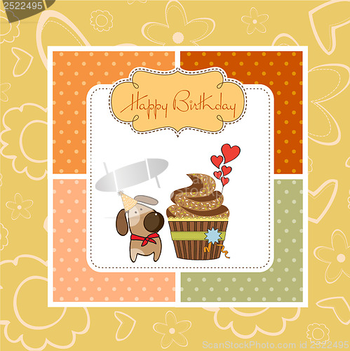 Image of birthday greeting card with cupcake and little dog