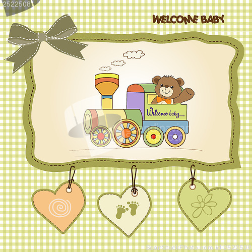 Image of baby shower card with teddy bear and train toy