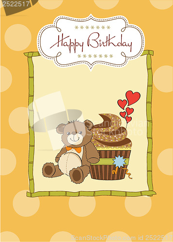 Image of birthday greeting card with cupcake and teddy bear