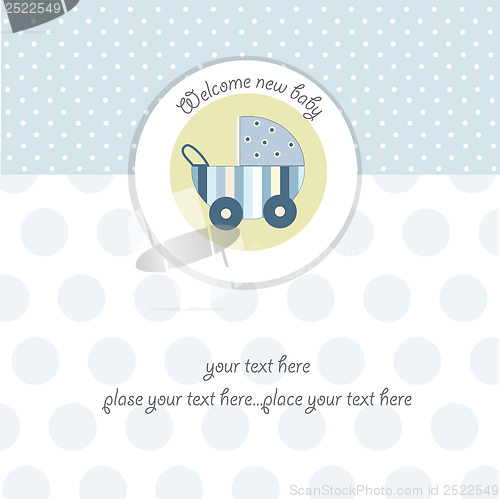 Image of baby boy announcement card with baby and pram