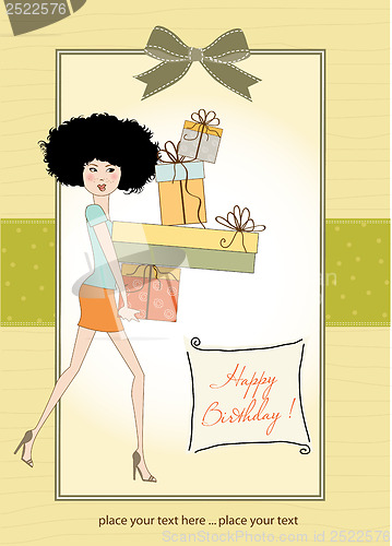 Image of birthday card - pretty young lady with arms full of gifts