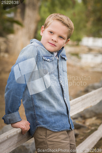 Image of Handsome Young Boy Against Fence in Park