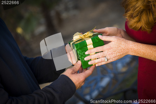 Image of Hands of Man and Woman Exchanging Christmas Gift
