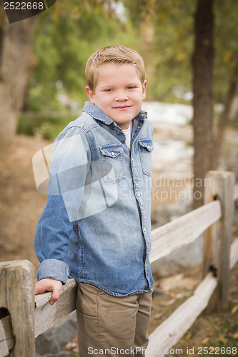 Image of Handsome Young Boy Against Fence in Park