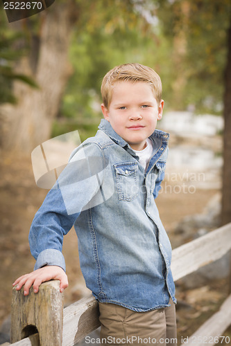 Image of Handsome Young Boy Against Fence in Park