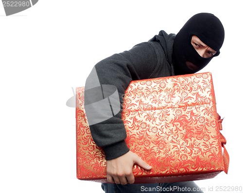 Image of  bandit holding a wrapped Christmas gift