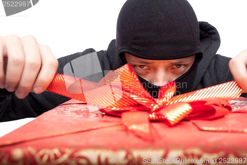 Image of  bandit holding a wrapped Christmas gift