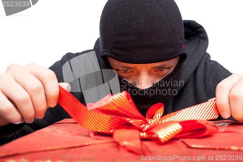 Image of  bandit holding a wrapped Christmas gift